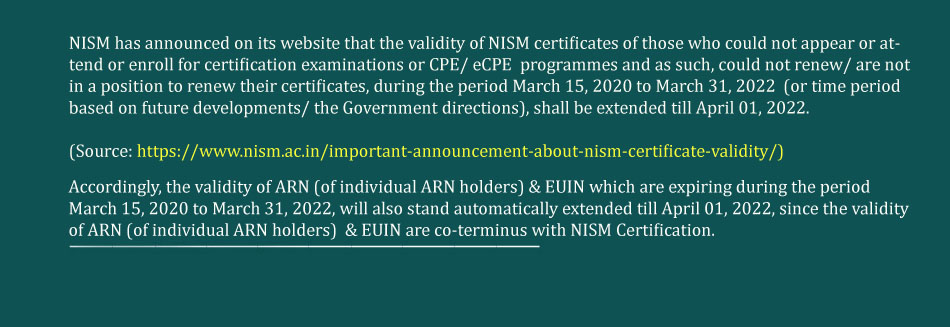 Extension of validity of NISM certificates till March 31, 2022